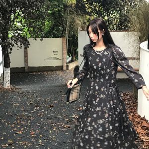 Cool Sky Blue Silk Linen Dress for Women, Vintage Autumn Puff Sleeve, Waist-Defined Long Dress, Y2K Fashion, Elegant Casual Wear