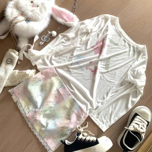 Cool Summer Tencel Printed Loose T-Shirt for Sun Protection - Trendy Mid-Length Top for Spring/Summer Style