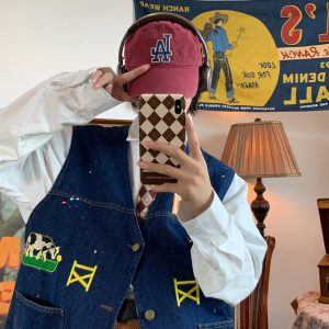 Cow Print Denim Vest - Vintage Style Retro Gilet for Autumn, Versatile Loose Fit Fashion, 90s Inspired, Handmade Spray Paint Design