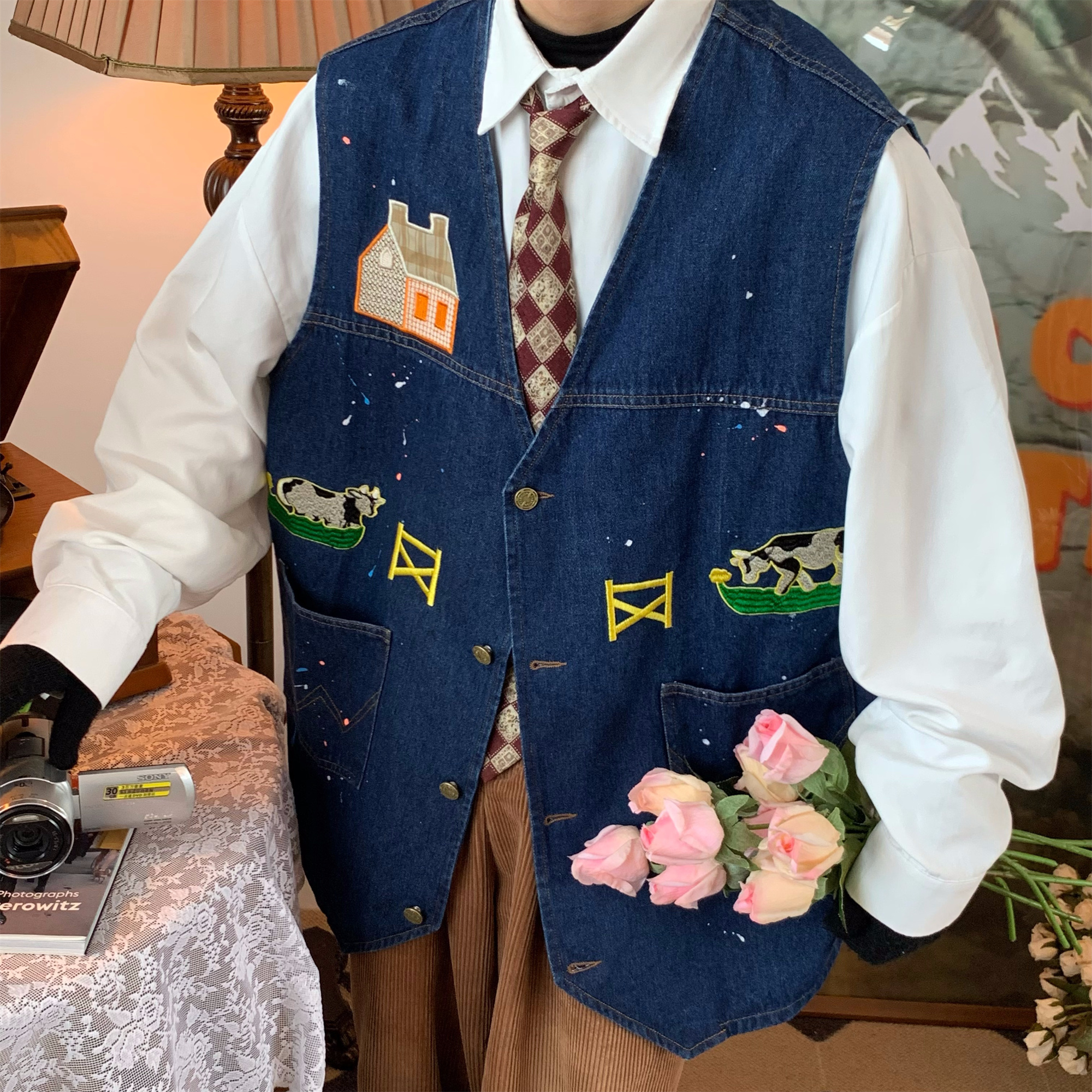 Cow Print Denim Vest - Vintage Style Retro Gilet for Autumn, Versatile Loose Fit Fashion, 90s Inspired, Handmade Spray Paint Design