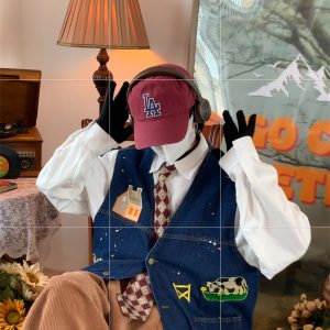 Cow Print Denim Vest - Vintage Style Retro Gilet for Autumn, Versatile Loose Fit Fashion, 90s Inspired, Handmade Spray Paint Design