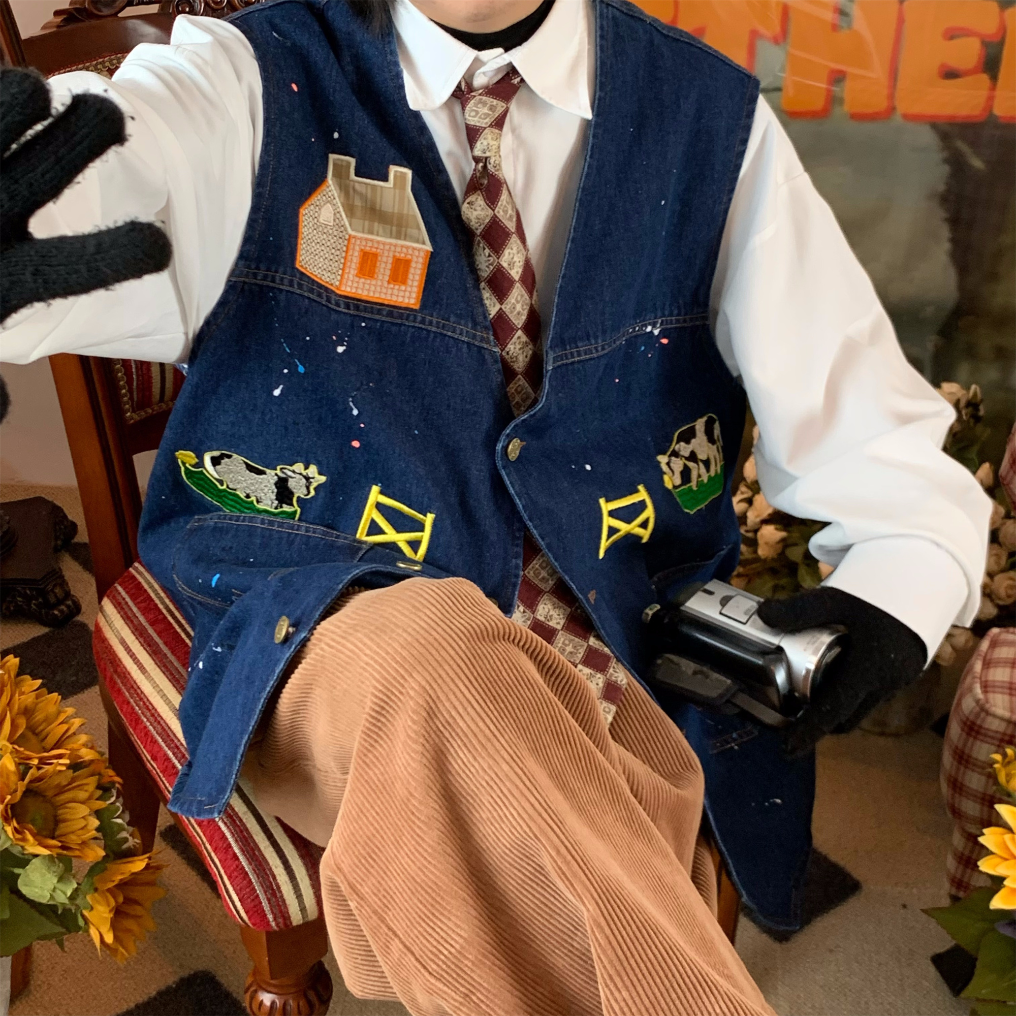 Cow Print Denim Vest - Vintage Style Retro Gilet for Autumn, Versatile Loose Fit Fashion, 90s Inspired, Handmade Spray Paint Design