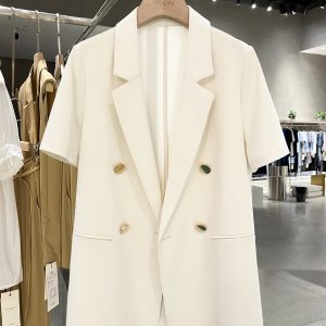 Cream Short Sleeve Blazer with Metal Buttons - British Style Professional Suit for Women - 2025 Summer Fashion Trend
