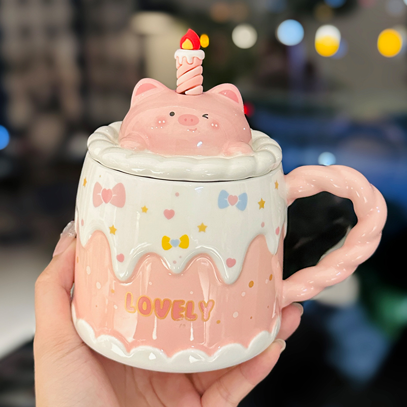 Creative Birthday Cake Mug - High-Value Ceramic Water Cup with Lid, Perfect Gift for Girls and Best Friends