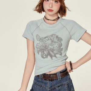 Cropped American Retro Raglan T-Shirt for Women, Short Sleeve Round Neck Top, Summer Style, Slim Fit, Trendy Y2K Fashion