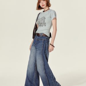 Cropped American Retro Raglan T-Shirt for Women, Short Sleeve Round Neck Top, Summer Style, Slim Fit, Trendy Y2K Fashion