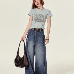 Cropped American Retro Raglan T-Shirt for Women, Short Sleeve Round Neck Top, Summer Style, Slim Fit, Trendy Y2K Fashion