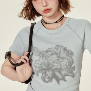Cropped American Retro Raglan T-Shirt for Women, Short Sleeve Round Neck Top, Summer Style, Slim Fit, Trendy Y2K Fashion