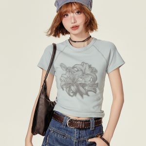 Cropped American Retro Raglan T-Shirt for Women, Short Sleeve Round Neck Top, Summer Style, Slim Fit, Trendy Y2K Fashion