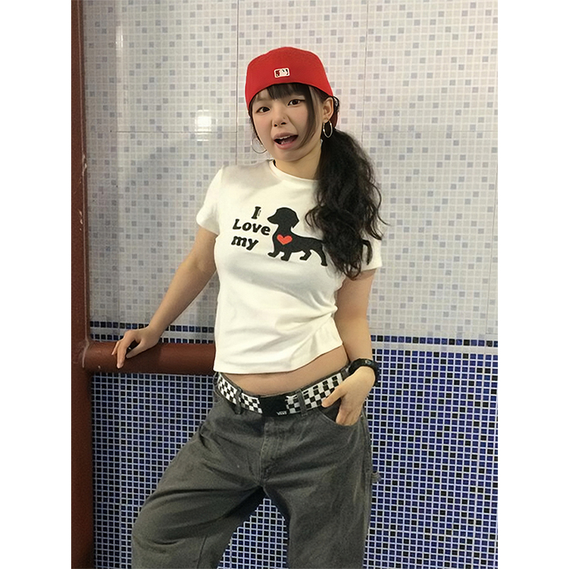 Cropped American-Style Short Sleeve T-Shirt for Women with Cartoon Dog Print, Round Neck, Slim Fit, Flattering Summer Top