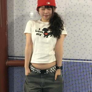 Cropped American-Style Short Sleeve T-Shirt for Women with Cartoon Dog Print, Round Neck, Slim Fit, Flattering Summer Top