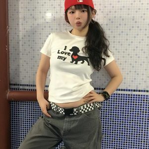 Cropped American-Style Short Sleeve T-Shirt for Women with Cartoon Dog Print, Round Neck, Slim Fit, Flattering Summer Top