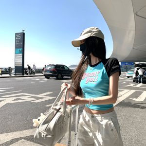 Cropped Color-Blocking T-Shirt for Women, Short Sleeve American Style, Trendy Hot Girl Printed Top, Y2K Fashion