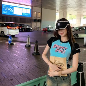 Cropped Color-Blocking T-Shirt for Women, Short Sleeve American Style, Trendy Hot Girl Printed Top, Y2K Fashion