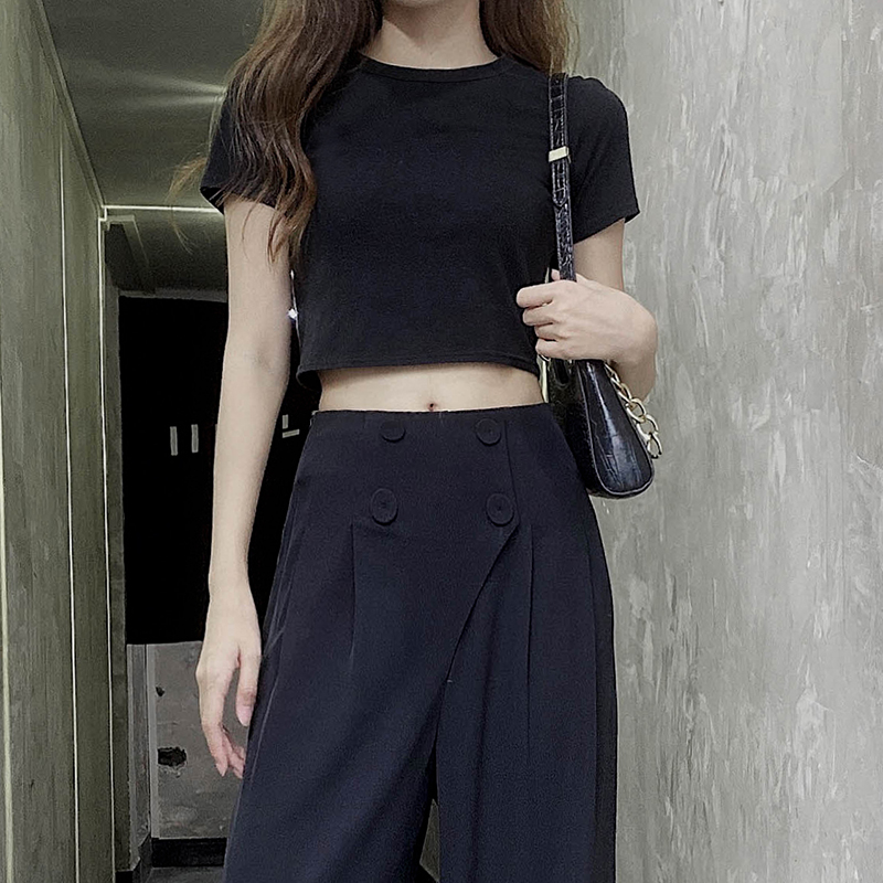 Cropped Pure Cotton Short Sleeve T-Shirt for Women, Slim Fit, Solid Color Round Neck Top - Versatile Summer 2025 Essential