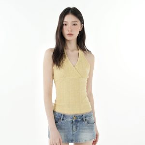 Cross V-Neck Knitted Ribbed Halter Top - Trendy Y2K Style Crop Top for Chic Outfits
