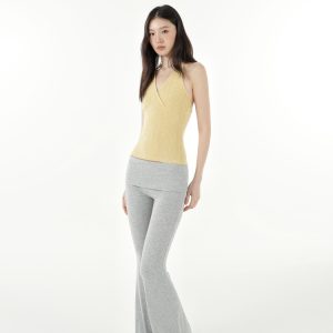 Cross V-Neck Knitted Ribbed Halter Top - Trendy Y2K Style Crop Top for Chic Outfits