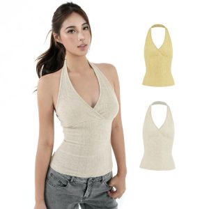 Cross V-Neck Knitted Ribbed Halter Top - Trendy Y2K Style Crop Top for Chic Outfits