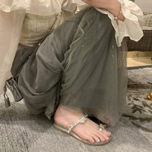 Crystal Flower Buckle Wedge Open-Toe Flat Slippers for Women, Summer Fairy Style, Perfect for Skirts and Outdoor Wear