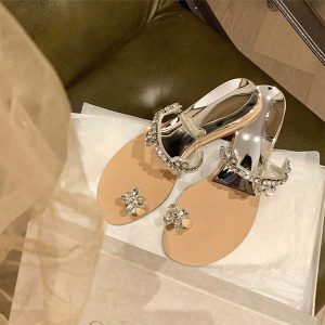 Crystal Flower Buckle Wedge Open-Toe Flat Slippers for Women, Summer Fairy Style, Perfect for Skirts and Outdoor Wear