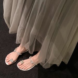 Crystal Flower Buckle Wedge Open-Toe Flat Slippers for Women, Summer Fairy Style, Perfect for Skirts and Outdoor Wear