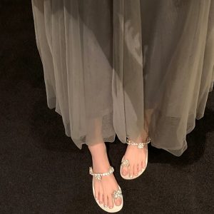 Crystal Flower Buckle Wedge Open-Toe Flat Slippers for Women, Summer Fairy Style, Perfect for Skirts and Outdoor Wear