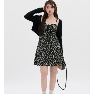 Curvy Floral Tea Break Slimming Sexy Waist-Defined Sling Dress - 90s Inspired Summer Fashion