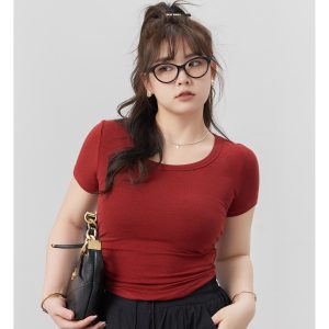 Curvy High Elastic Slimming Short Sleeve T-Shirt for Plus Size, Comfortable Inner Top, Trendy Casual Wear