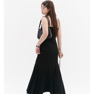 Curvy Mermaid Sister Flirty Irregular Split Fish Tail Dress with Slimming Spaghetti Straps - Trendy Y2K Style for Effortless Elegance