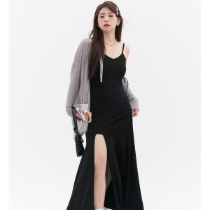 Curvy Mermaid Sister Flirty Irregular Split Fish Tail Dress with Slimming Spaghetti Straps - Trendy Y2K Style for Effortless Elegance
