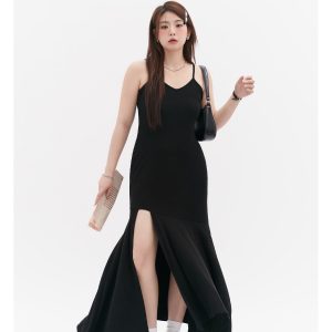 Curvy Mermaid Sister Flirty Irregular Split Fish Tail Dress with Slimming Spaghetti Straps - Trendy Y2K Style for Effortless Elegance