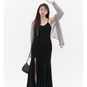 Curvy Mermaid Sister Flirty Irregular Split Fish Tail Dress with Slimming Spaghetti Straps - Trendy Y2K Style for Effortless Elegance