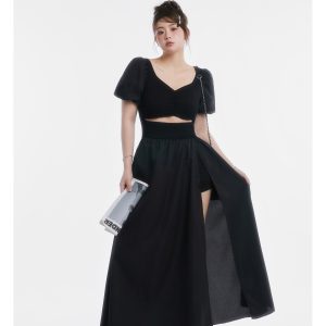 Curvy Minimalist Hepburn Style Split Dress - Elegant Long Skirt in Main Colors for 90s and Y2K Fashion Lovers