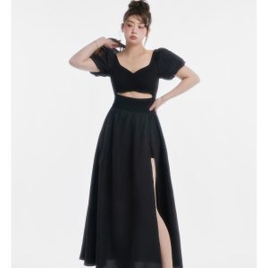 Curvy Minimalist Hepburn Style Split Dress - Elegant Long Skirt in Main Colors for 90s and Y2K Fashion Lovers