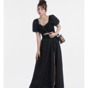 Curvy Minimalist Hepburn Style Split Dress - Elegant Long Skirt in Main Colors for 90s and Y2K Fashion Lovers