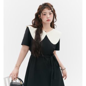 Curvy Summer Doll Collar Color-Block Dress - Loose Fit College Style for a Youthful Look, Perfect for 90s and Y2K Fashion Trends