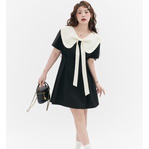 Curvy Summer Doll Collar Color-Block Dress - Loose Fit College Style for a Youthful Look, Perfect for 90s and Y2K Fashion Trends