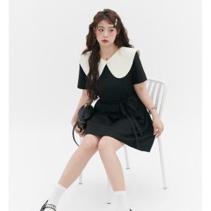 Curvy Summer Doll Collar Color-Block Dress - Loose Fit College Style for a Youthful Look, Perfect for 90s and Y2K Fashion Trends