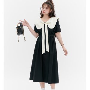 Curvy Summer Doll Collar Color-Block Dress - Loose Fit College Style for a Youthful Look, Perfect for 90s and Y2K Fashion Trends