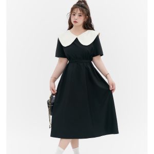 Curvy Summer Doll Collar Color-Block Dress - Loose Fit College Style for a Youthful Look, Perfect for 90s and Y2K Fashion Trends