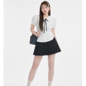 Curvy Sweet Bean A-Line Skirt for Women - College Style Waist-Defining Short Pleated Skirt, Trendy Casual Fashion