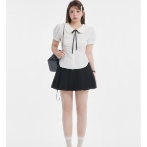 Curvy Sweet Bean A-Line Skirt for Women - College Style Waist-Defining Short Pleated Skirt, Trendy Casual Fashion