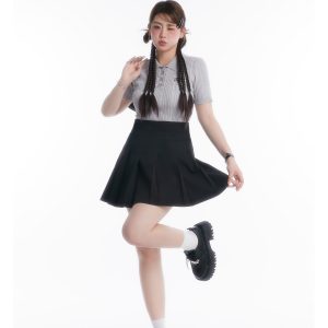 Curvy Tear Manga Girl High Polo Short Knit Top and High-Waisted Skirt Set - Y2K Style Fashion Ensemble