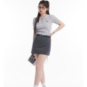 Curvy Tear Manga Girl High Polo Short Knit Top and High-Waisted Skirt Set - Y2K Style Fashion Ensemble
