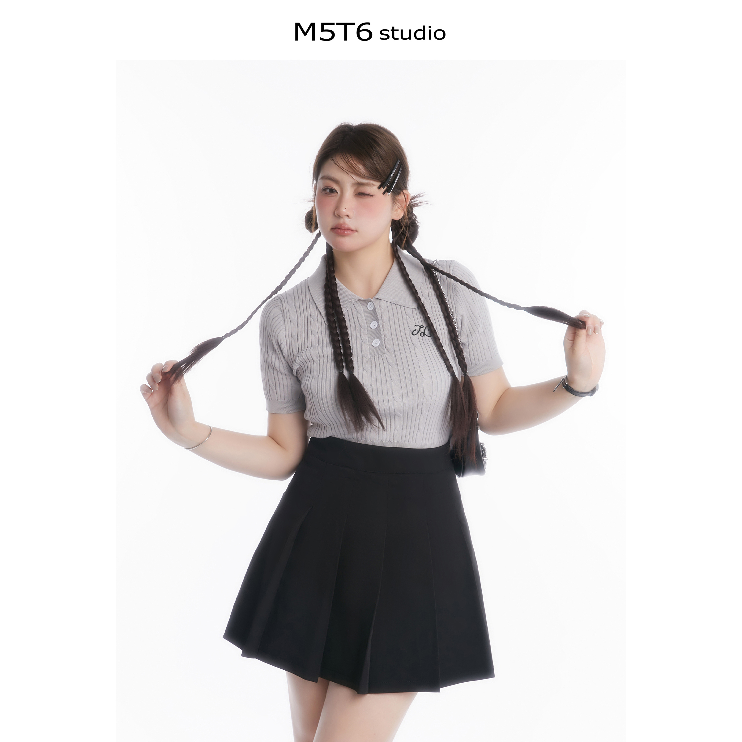 Curvy Tear Manga Girl High Polo Short Knit Top and High-Waisted Skirt Set - Y2K Style Fashion Ensemble