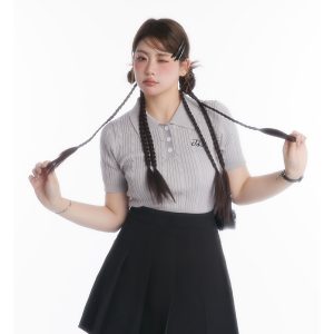 Curvy Tear Manga Girl High Polo Short Knit Top and High-Waisted Skirt Set - Y2K Style Fashion Ensemble