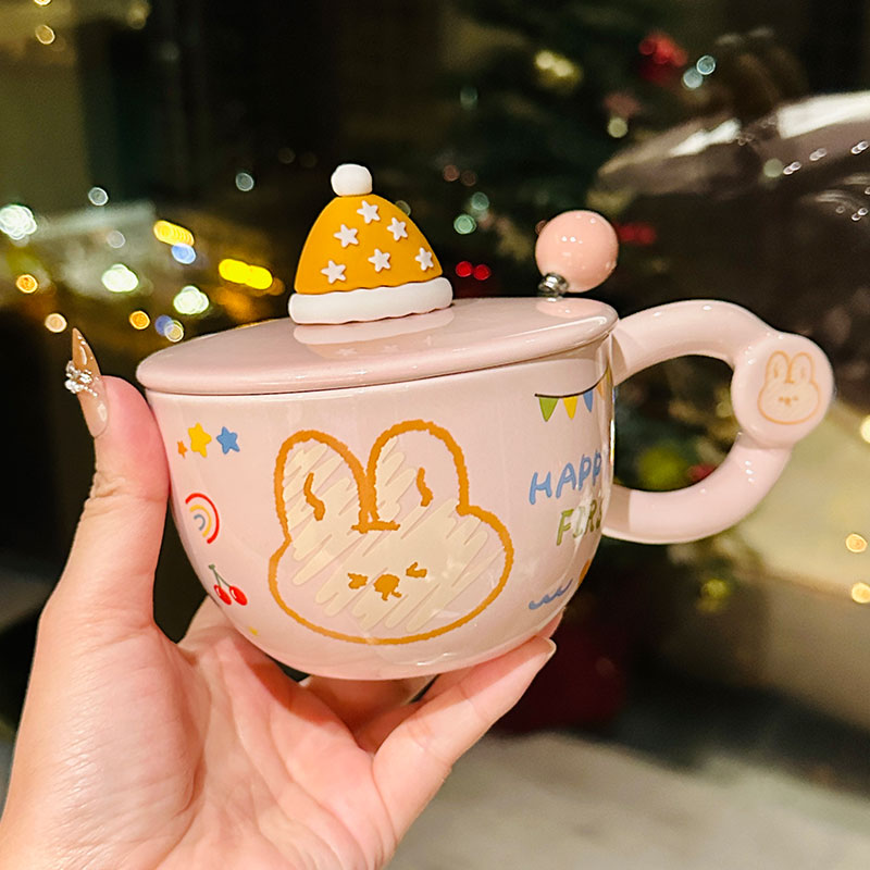 Cute Bear Ceramic Mug with Lid and Spoon, Aesthetic Coffee Cup for Girls, Perfect for Office and Breakfast, Great Birthday Gift