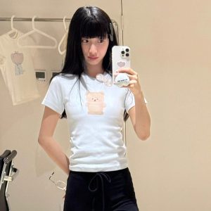 Cute Bear Print Short Fitted Slim Pure Cotton High-Stretch Short Sleeve T-Shirt - 25SS Korean Style Fashion