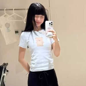 Cute Bear Print Short Fitted Slim Pure Cotton High-Stretch Short Sleeve T-Shirt - 25SS Korean Style Fashion