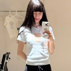 Cute Bear Print Short Fitted Slim Pure Cotton High-Stretch Short Sleeve T-Shirt - 25SS Korean Style Fashion